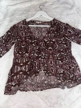 Woven Paisley V-Neck Blouse - Burgundy